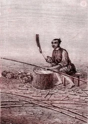 Schneiden der kleinen Bambusstücke, Papierherstellung in China (3. Jahrhundert v. Chr.) (Gravur)