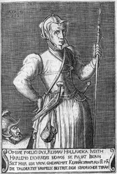 Dame Kenau Simonsdochter Hasselaer (1526-1588), die Heldin von Haarlem (Holland) während des Kampfes gegen die Spanier im Jahr 1572. Darstellung aus dem 17. Jahrhundert, die sie mit Judith und Holofernes vergleicht.