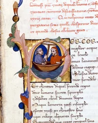 Dante Alighieri: Divina Commedia (Göttliche Komödie) Anfang des Purgatoriums. Dante und Virgil. Manuskript aus dem 14. Jahrhundert. Milano bibl. Trivulziana