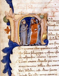 Dante und Virgil am Eingang zur Hölle. (Initiale „N“) Anfang der Hölle einer Divina Commedia (Göttliche Komödie) aus dem 14. Jahrhundert Mailand, Biblioteca Trivulziana. (Nel mezzo del cammin di nostra vita...)