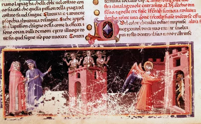 Dante und Virgil am Tor von Dite, bewacht von den Furien (Gesang 9 aus der Hölle, in der Göttlichen Komödie) (Miniatur)