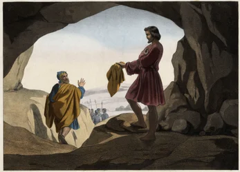 David zeigte Saul das Stück seines Mantels: David weigerte sich, König Saul zu töten, den Gott ihm in der Höhle ausgeliefert hatte, und schnitt nur ein Stück seines Mantels ab. Anonymer Stich aus der Mitte des 19. Jahrhunderts.