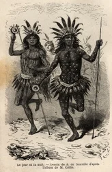 Tag und Nacht, Malereien auf dem Körper der Tänzer der religiösen Zeremonie und Sühne, ausgeführt von den Häuptlingen und seinen Gefährten, unter den Mandan-Indianern (oder Noumah Ka Kie: Fasanen), am linken Ufer des Missouri. Gravur zur Illustration einer