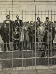 Angeklagte im Prozess gegen Giuseppe de Felice Giuffrida (1859-1920) und Begleiter, Palermo, Italien, Gravur aus einem Foto von E Interguglielmi aus L