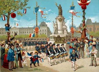 Parade der Kinder der Schulbataillone auf der Place de la République am 14.07.1883 in Paris. Lithografie des 19. Jahrhunderts. Paris, Musée Carnavalet