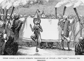 Vorführung von Volkskunst in Ceylon (heutiges Sri Lanka). Gravur des 19. Jahrhunderts