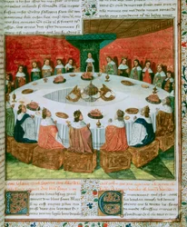 (Detail) König Artus und die Ritter der Tafelrunde bei der Erscheinung des Heiligen Grals. Illumination zur Illustration eines Manuskripts der „Quete des Heiligen Grals“, ca. 1470. Folio 5 der Fre