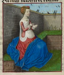 (Detail) einer Miniatur einer sitzenden Frau in einem ummauerten Garten, die an ihren Fingern zählt, aus 