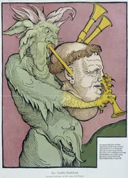 Teufel spielt Dudelsack mit einem Mönchskopf - Gravur