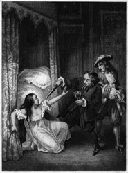 Diane de Joannis de Châteaublanc de Roussan, Marquise von Ganges (1635-1667), ermordet von ihren beiden Schwagern, dem Abt und dem Ritter von Ganges. Gravur von 1847.