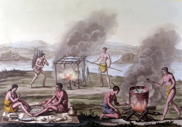 Ess- und Kochszene unter den Florida-Indianern. Gravur aus dem 17. Jahrhundert.