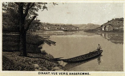 Abendessen, Blick auf Anseremme und den Fluss Lesse, Wallonische Region Belgiens. Chromolithographie aus dem späten 19. Jahrhundert.