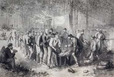 Verteilung von Rationen an eine nordamerikanische Militäreinheit, Vereinigte Staaten von Amerika, Amerikanischer Bürgerkrieg, Gravur