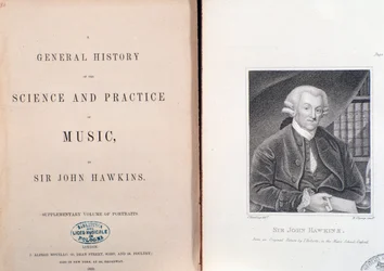Doppelseite und Frontispiz der Allgemeinen Geschichte der Wissenschaft und Praxis der Musik von John Hawkins