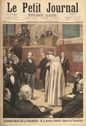 Dr. Grenier, ein Abgeordneter von Pontarlier, kürzlich zum Islam konvertiert, sorgt für einen Skandal, indem er im arabischen Kostüm in den Abgeordnetensaal geht. Gravur in „Le petit journal“ 24/01/1897. Selva-Sammlung