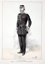 Dr. Roudil, leitender Arzt der städtischen Polizei (1867-1877). Farbradierung zur Illustration „Histoire du corps des gardiens de la paix“ Buch veröffentlicht unter der Schirmherrschaft von Louis Lepine (1846-1933) Polizeipräfekt der Seine, von Alfred Rey 