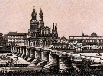 Dresden, Deutschland: Blick auf die Augustusbrücke in „Die Welt illustriert 168 Ansichten“ (Ende des 19. Jahrhunderts)