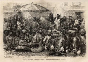 Durbar (feudaler und rechtlicher Rat eines Fürstenstaates) von Maharaja Rana, des Königreichs Dholepore (Rajasthan). Gravur zur Illustration von „L