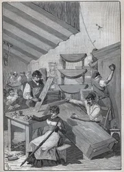 Ebenisterie: Stempel-Lackierwerkstatt. Gravur von 1885 in „Les arts et métiers illustrés“ von Adolphe Bitard.