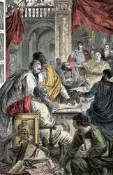 Ökumenisches Konzil von Nizäa - Darstellung des Ersten Konzils von Nizäa, Erstes Ökumenisches Konzil, 325 n. Chr. einberufen von Kaiser Konstantin I.