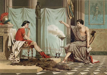Erziehung Alexanders des Großen (356-323 v. Chr.) durch den Philosophen Aristoteles (384-322 v. Chr.) nach „La Ciencia y sus Hombres“ von Louis Figuier. Barcelona 1881