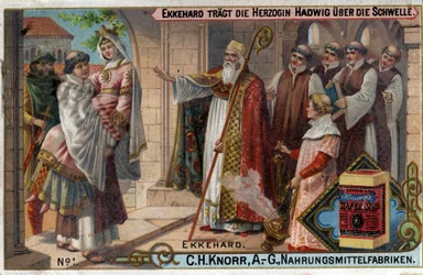 Ekkehard IV. von St. Gallen oder Eckhard, Eckhart (980 - 1057) Gelehrter und lateinischer Dichter. Ekkehard lässt Herzogin Hadwig die Schwelle überschreiten.