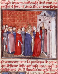 Kaiser Karl der Große (742-814) krönt in einer Kirche, gefolgt von Prälaten. Miniatur aus „Les grandes Chroniques de France“ 15. Jahrhundert Chantilly, Musée Condé