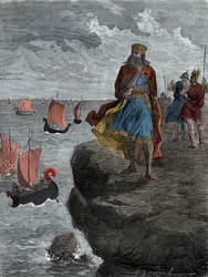 Kaiser Karl der Große (Carlo Magno) beobachtet die Ankunft der Normannenschiffe - König Karl der Große (742/747-814), König der Franken, blickt auf Schiffe voller eindringender Nordmänner herab
