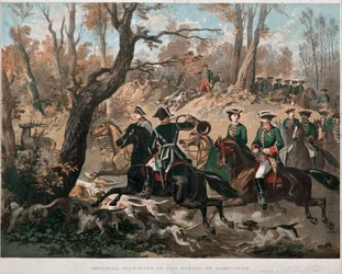 Kaiser Napoleon III (1808-1873) und seine Frau Eugenia de Montijo (1826-1920) spazieren durch den Wald von Compiegne. Farblithographie um 1855. Mailand, Museo del Risorgimento