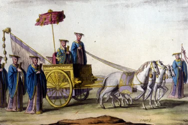 Kaiser der Ming-Dynastie auf seinem Wagen - in „Le costume ancien et moderne“ von J. Ferrario, Mailand
