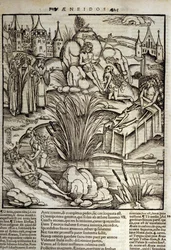 Eneide von Virgil (70 v. Chr.-19 v. Chr.), Buch XII, der trojanische Held Eneas wird von Venus wundersam geheilt und beschließt, die Stadt Latinus zu stürmen. Der König von Latium stirbt (rechts) und Eneas wird König, indem er die Tochter des verstorbenen 
