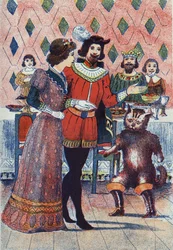 Verlobung des Marquis von Carabas und der Königstochter. Illustration zu „Der gestiefelte Kater“ von Charles Perrault