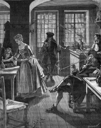 England, Ende des 17. Jahrhunderts: Männer rauchen in einem Café. Gravur des 19. Jahrhunderts. In „Histoire de France“ von Jules Michelet.