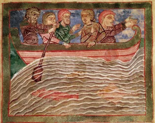 Episode aus dem Leben der Heiligen Radegunde von Poitiers (519-587), Frau von Chlothar I., König der Franken: Radegunde auf einem Boot, das Florio (?) rettet. Miniatur aus einem Manuskript des 11. Jahrhunderts