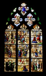 Episoden aus dem Leben der heiligen Barbara, christliches Martyrium im 3. Jahrhundert, Glasfenster mit dem Leben der heiligen Barbara