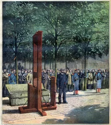 Hinrichtung der Mörder von Courbevoie, Doré und Berland, mit der Guillotine vor dem Gefängnis La Roquette, Paris, 08/08/1891