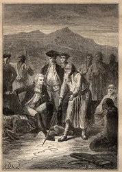Expedition um die Welt (1785-1788) von Jean François Galaup de La Pérouse (1741-1788): Die Matrosen landen auf der Insel Saghalien (Sakhalin) und treffen einen alten Mann, der ihnen eine Karte von Tartaria zeichnete - Illustration aus „Die großen Seefahrer