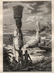 Expedition um die Welt (1785-1788) von Jean François Galaup de La Pérouse (1741-1788): Eingeborene der Osterinsel betrachten monumentale Statuen (Moai) - Illustration aus „Die großen Seefahrer des 18. Jahrhunderts“