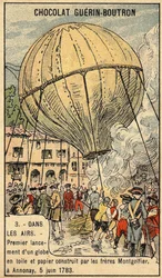 Erfahrung vom 5. Juni 1783 durch die Brüder Montgolfier in Annonay. Chromo aus dem späten 19. Jahrhundert.
