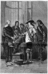 Experiment von William Harvey (1578-1657), englischer Arzt, der Charles I. Stuart (1600-1649), König von England, und den Ärzten des Royal College of London das Phänomen des Blutkreislaufs an einer lebenden Hirschkuh zeigt. Gravur in "La Nature"