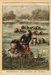 Erfahrung der Flussüberquerung durch das 7. Dragonerregiment in Fontainebleau. Gravur in „Le petit journal“ 6.09.1896. Sammlung Selva.