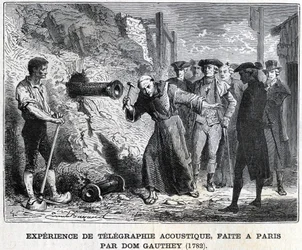 Experiment in der akustischen Telegrafie, durchgeführt in Paris von Gauthey im Jahr 1782, Gravur 19. Jahrhundert, Bianchetti-Sammlung.