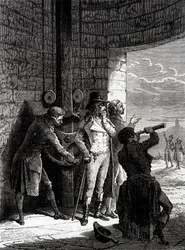 Experiment des Chappe-Telegraphen am 12. Juli 1793, von Ménilmontant nach Saint-Martin-du-Tertre vor den Kommissaren der Konvention - in „Die Wunder der Industrie“ von Louis Figuier