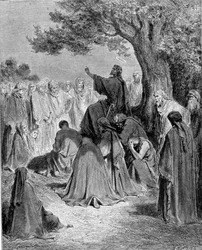 Auszug aus dem Evangelium des Matthäus. Jesus Christus predigt vor der Menge seiner Jünger. Gravur aus dem 19. Jahrhundert