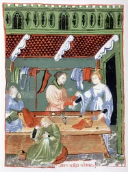 Stoffhändler (Schneider?) und Näherin im Mittelalter