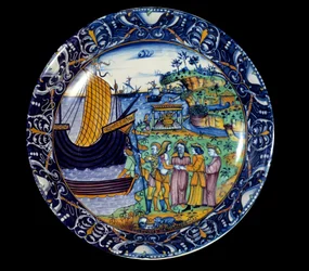 Fayenceteller, der die Ankunft von Äneas in Delos zeigt, empfangen von König Arius. 1497. Sèvres, Nationales Renaissance Museum