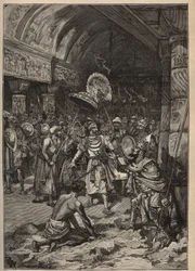 Berühmte Diamanten: Maharadscha von Lahore, Ranjit Singh (1780-1839), übernimmt den Koh-i Nor-Diamanten. Gravur von 1885 in „Les arts et metiers illustres“ von Adolphe BITARD