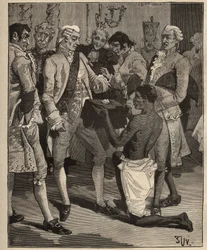 Berühmte Diamanten: die „Wunder der Wunder“, präsentiert dem Kaiser von Brasilien, Joao VI. von Portugal (Johann VI., der Klemente) im Jahr 1809. Gravur von 1885 in „Les arts et métiers illustrés“ von Adolphe Bitard.