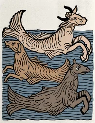 Fantastische Kreaturen: Darstellung einer Kuh, eines Hundes und eines Seepferdchens. Gravur aus „Hortus sanitatis“