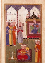 Fest des Sultans mit Schlangenbeschwörer und Miniaturmusikern aus einem Manuskript des 16. Jahrhunderts